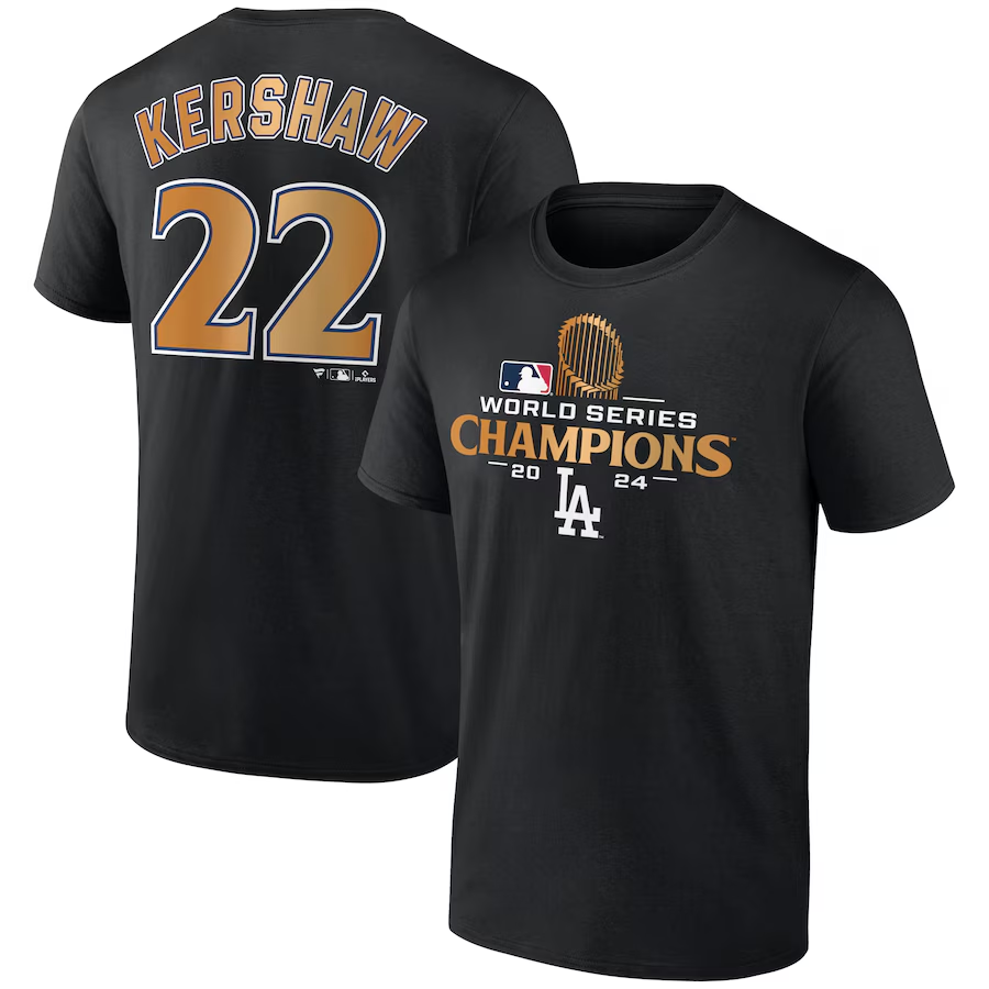 Men Los Angeles Dodgers #22 Kershaw 2024 MLB World Series Champions black T shirts